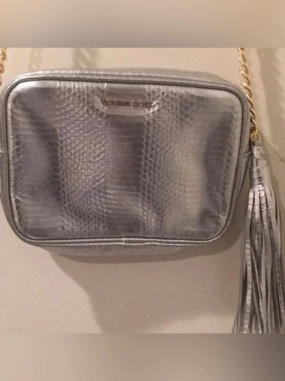 Victoria's Secret Metallic Silver Snake-Embossed Crossbody Purse